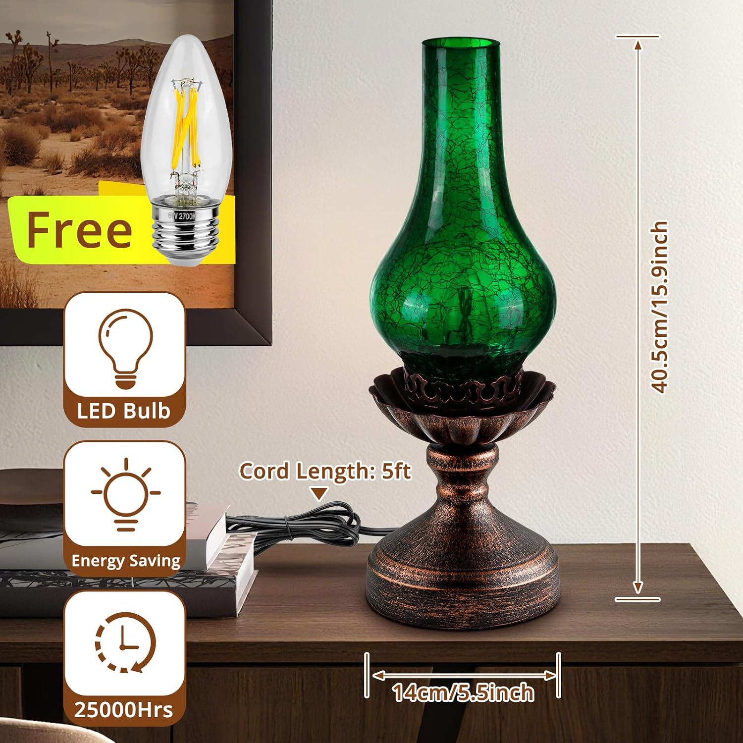 Vintage Table Lamp with Green Crackle Glass Shade, Touch Control & 3-Way Dimmable Rustic Retro Farmhouse Bedside Lamp for Bedroom, Living…