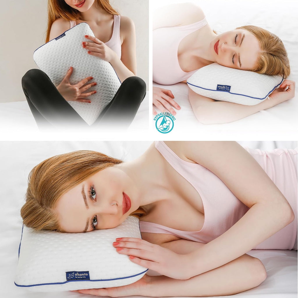 alkamto Travel & Camping Comfortable Memory Foam Pillow – Easy to Carry Portable Bag – Temperature Regulating Pillow Case (White)