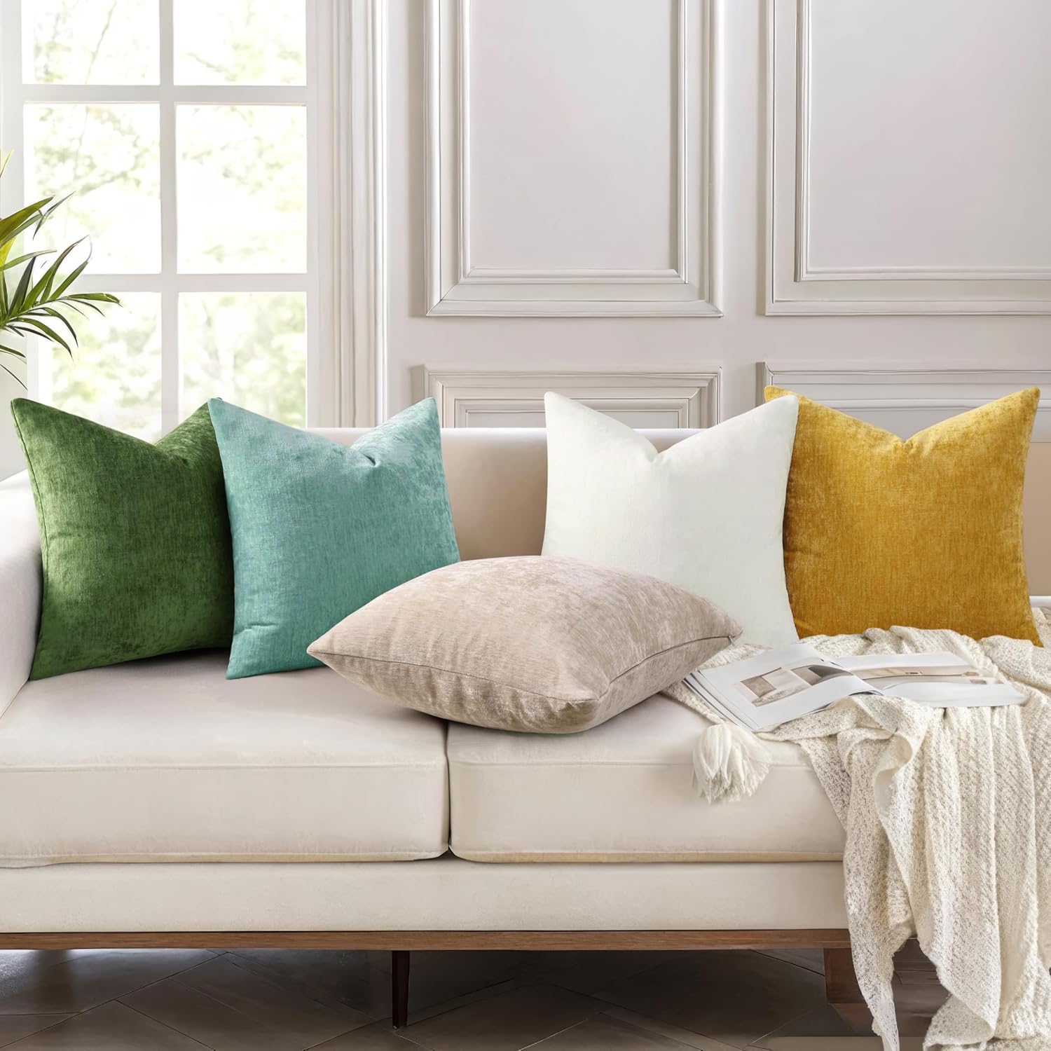 decorUhome Chenille Aqua Haze Throw Pillow Covers 18x18 Inch Set of 2, Decorative Soft Couch Pillow Covers Solid Dyed Accent Velvet Farmhou…