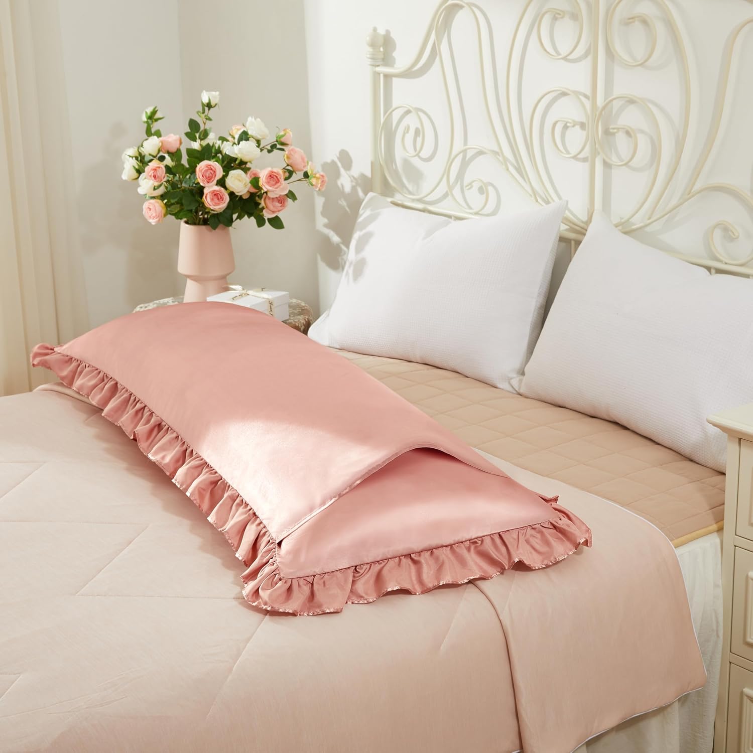 HommxJF Rose Gold Satin Pillowcases Body Pillow for Hair and Skin, Rose Gold Body Pillow Silk Pillowcase with Envelope Closure Princess Room…