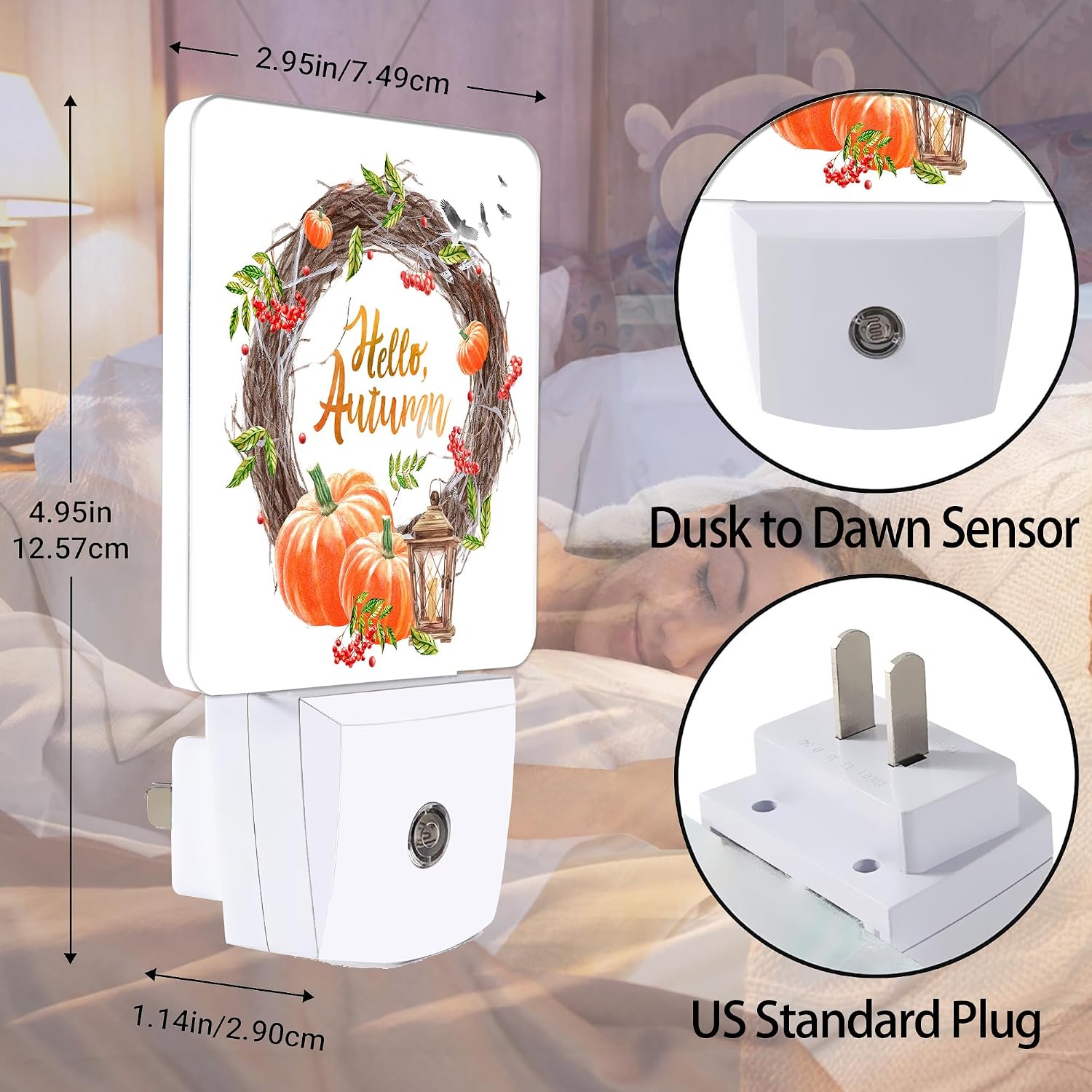 Hello Autumn Night Light, Pumpkin Plug into Wall with Dusk to Dawn Light Sensors, Warm Nightlights for Bedroom, Bathroom, Hallway…