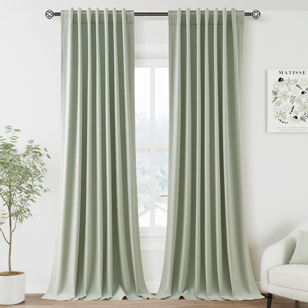 Nanspring Mist Sage 100% Blackout Linen Curtains for Bedroom 90 Inches Long Back Tab Rod Pocket Thermal Insulated Acoustic Panels Black out…