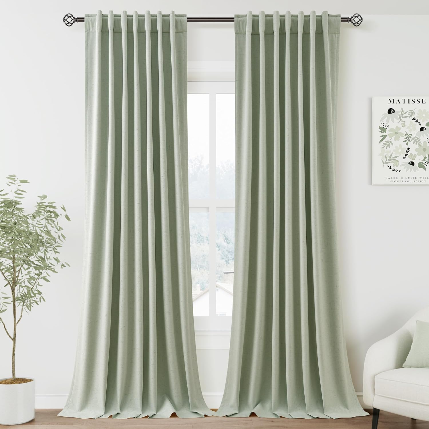 Nanspring Mist Sage 100% Blackout Linen Curtains for Bedroom 90 Inches Long Back Tab Rod Pocket Thermal Insulated Acoustic Panels Black out…