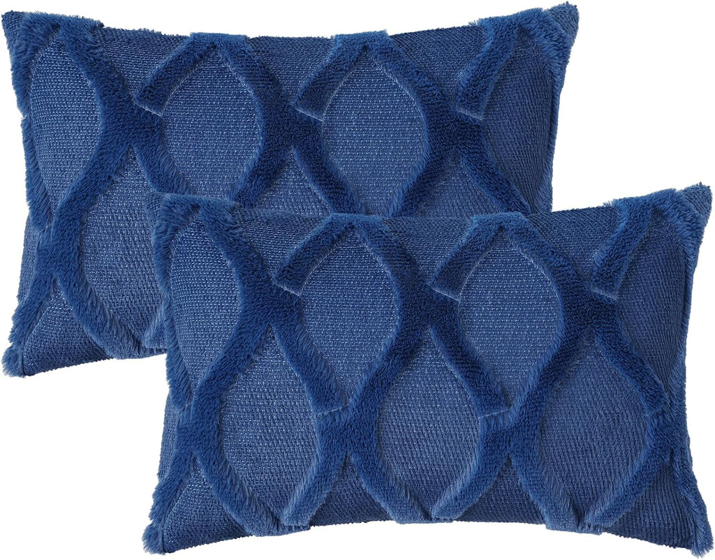 decorUhome Summer Throw Pillow Covers 12x20 Inch Set of 2, Soft Plush Faux Fur Wool Lumbar Dark Blue Accent Couch Pillow Covers for Modern…