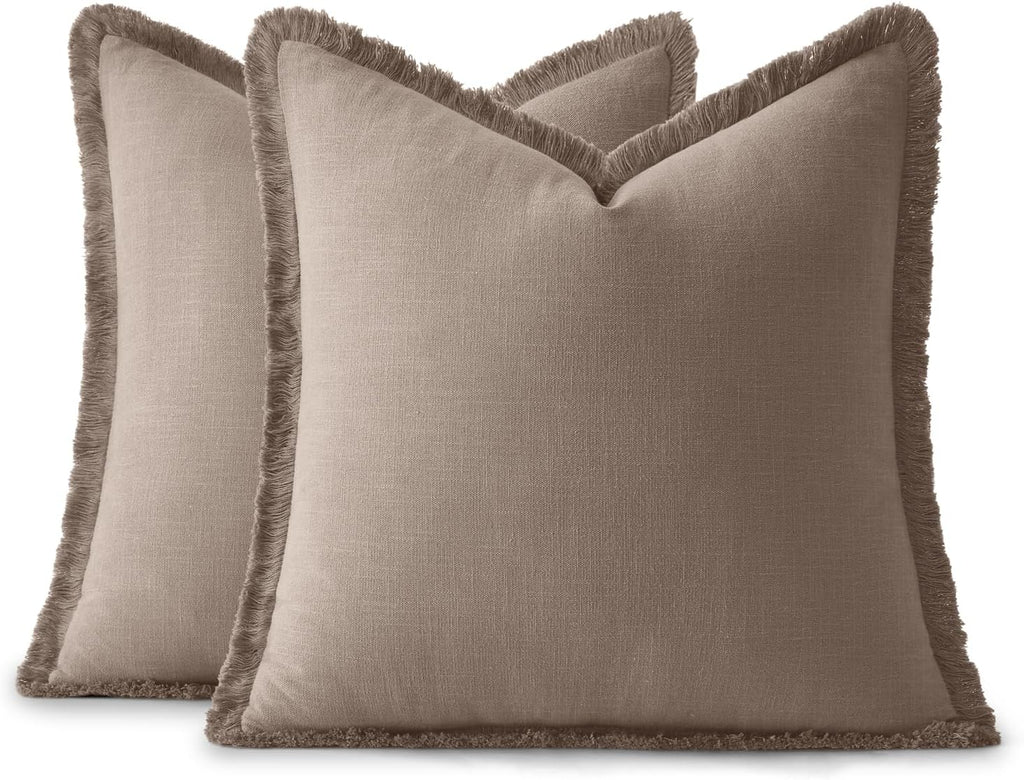 Anroduo Set of 2 Decorative Throw Pillow Covers 24×24 Inch Soft Linen Fringe Farmhouse Boho Vintage Cushion Covers with Tassels Accent Pill…
