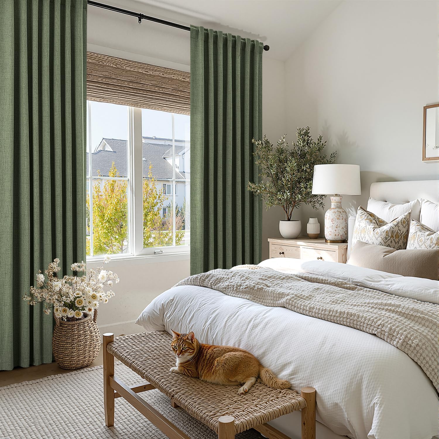 Miulee 100% Blackout Linen Curtains for Bedroom, Olive Green Solid Luxury Decor Thermal Insulation Room Darkening Drapes for Living Room Nu…