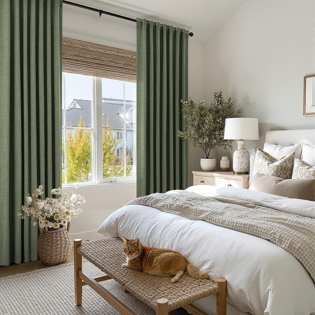 Miulee 100% Blackout Linen Curtains for Bedroom, Olive Green Solid Luxury Decor Thermal Insulation Room Darkening Drapes for Living Room Nu…