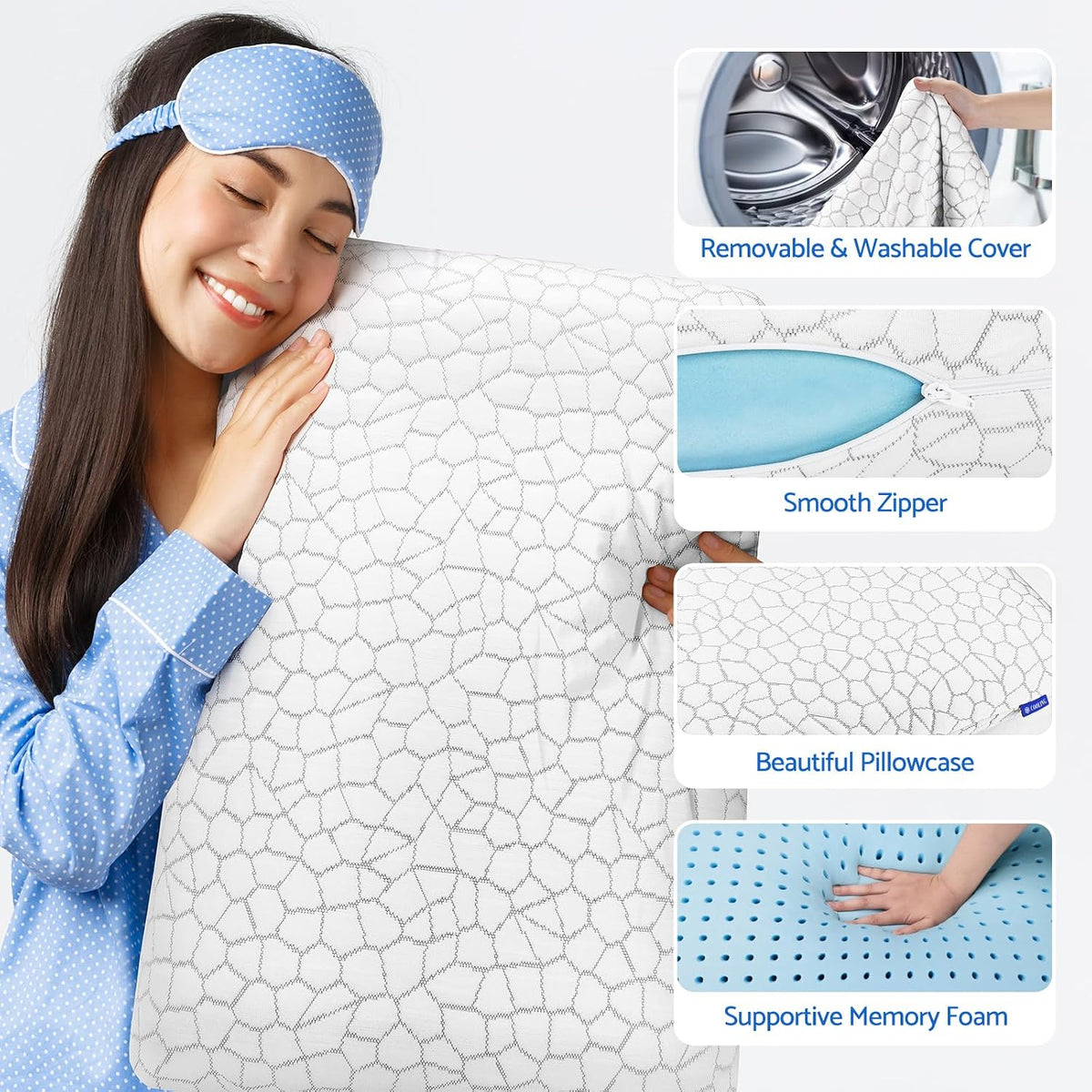 CushZone Memory Foam Pillows for Sleeping, Bed Pillow with Removable and Machine Washable Cover, Bed Pillow for Side, Back and Stomach Slee…