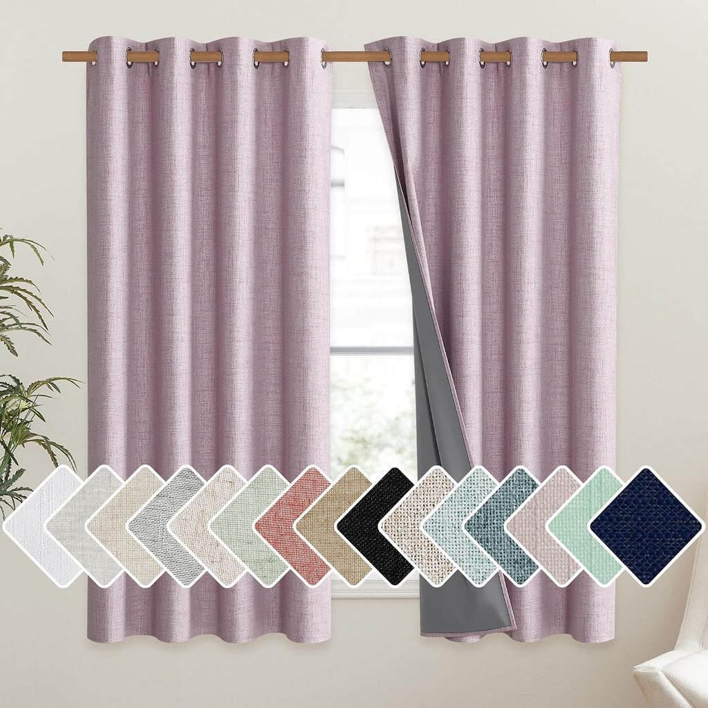 NICETOWN Pink Vintage Linen 100% Blackout Curtains for Living Room, Thermal Insulated Curtains 63" Long, Noise Reducing Window Treatment…