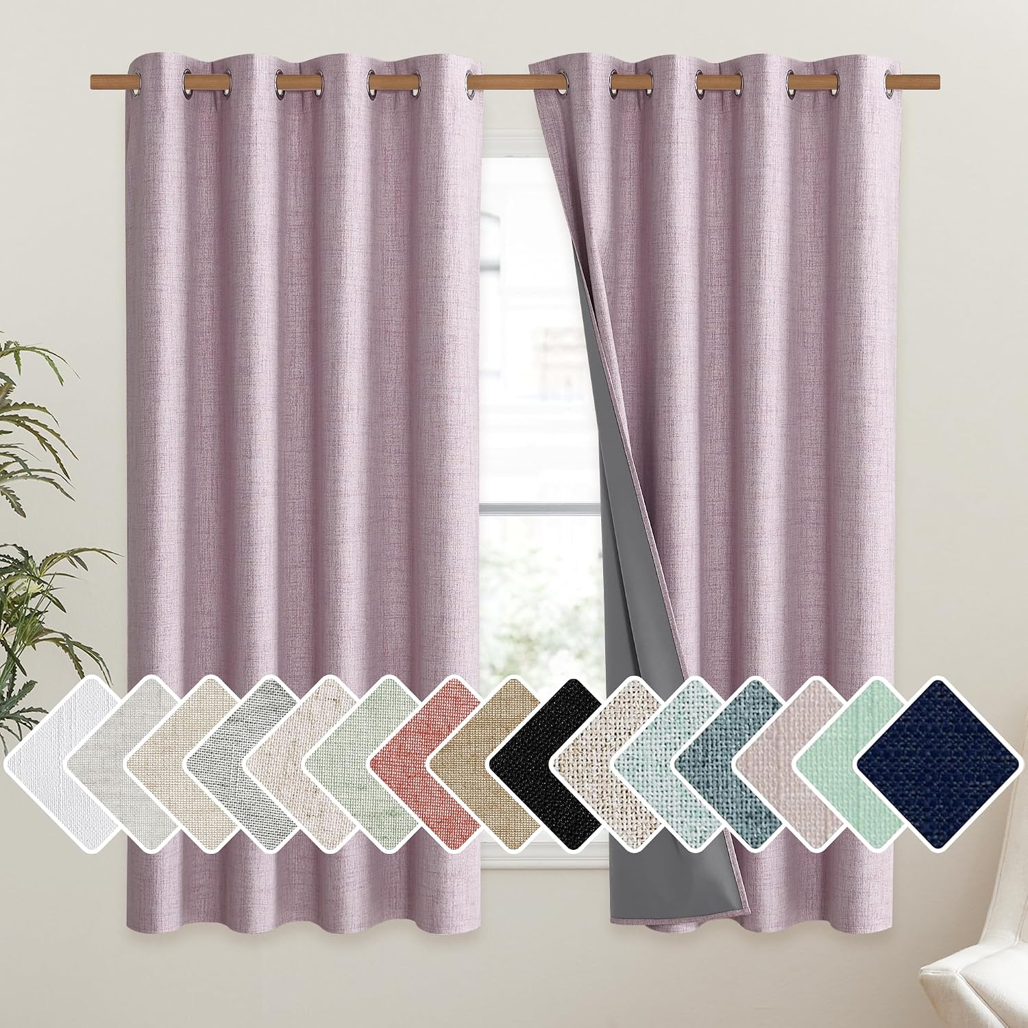 NICETOWN Pink Vintage Linen 100% Blackout Curtains for Living Room, Thermal Insulated Curtains 63" Long, Noise Reducing Window Treatment…