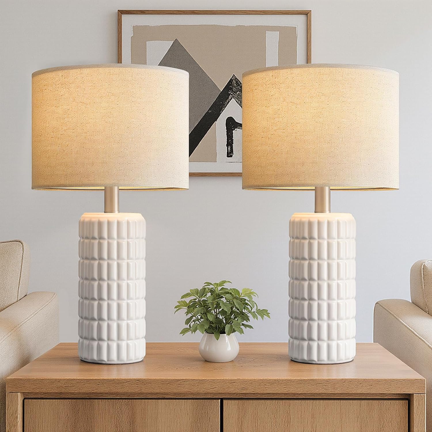 SeealleLighting 23" Modern Ceramic Table Lamps Set of 2 - Table Lamps for Living room, Farmhouse Bedside Night Stands Lamp for Bedroom, Whi…