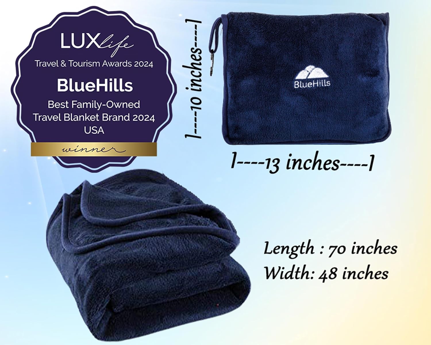 BlueHills Premium Soft Long Travel Blanket Pillow for Tall Airplane Flight Blanket Throw Luggage Belt & Backpack Clip Compact Packable…