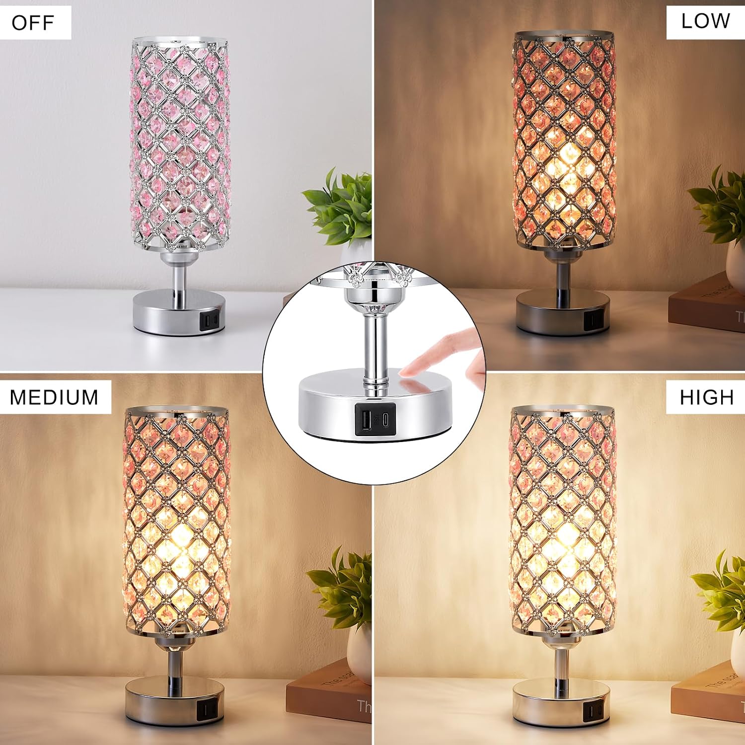 Hong-in Crystal Table Lamp, Pink Touch Lamp with USB C+A Ports, 3 Way Dimmable Bedroom Light with Crystal Shade, Bedside Nightstand Small…