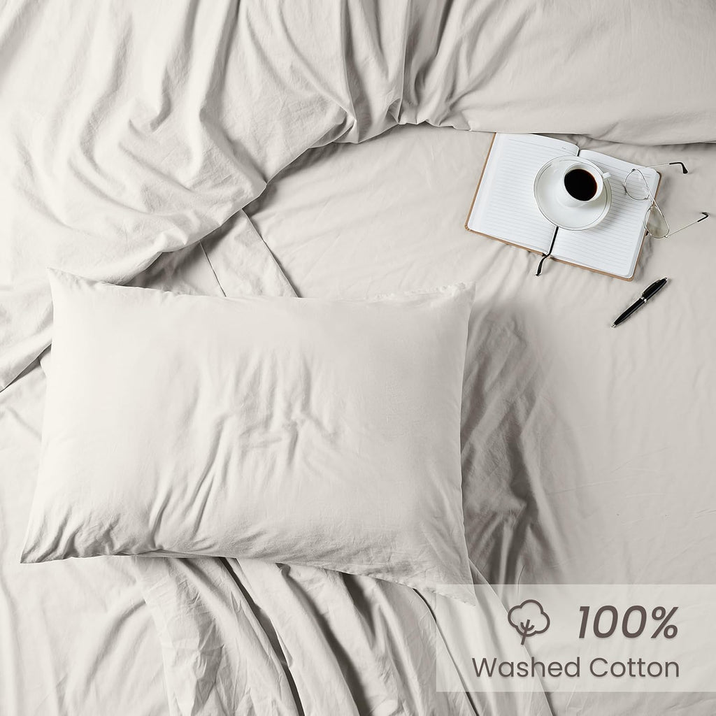 Bioweaves 100% Organic Washed Cotton Percale Weave Pillow Cases King Size GOTS Certified Queen Pillow Covers, Envelope Closure – Set of 2,…