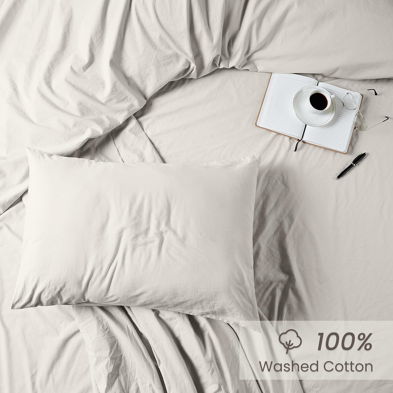 Bioweaves 100% Organic Washed Cotton Percale Weave Pillow Cases King Size GOTS Certified Queen Pillow Covers, Envelope Closure – Set of 2,…