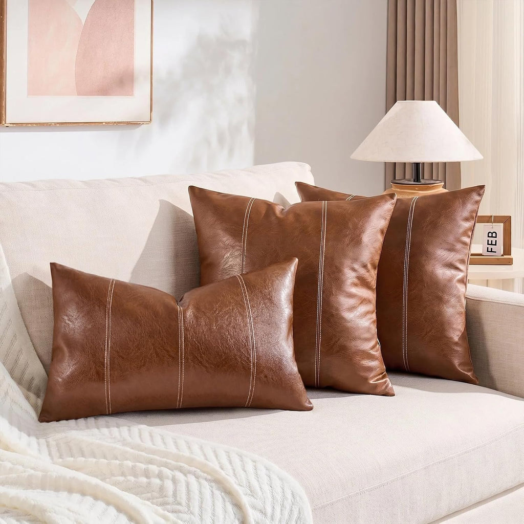 Fancy Homi Brown Boho Long Square Faux Leather Decorative Throw Pillow Covers 22x22 Inch for Living Room Couch Bed Sofa, Hand Stitched…