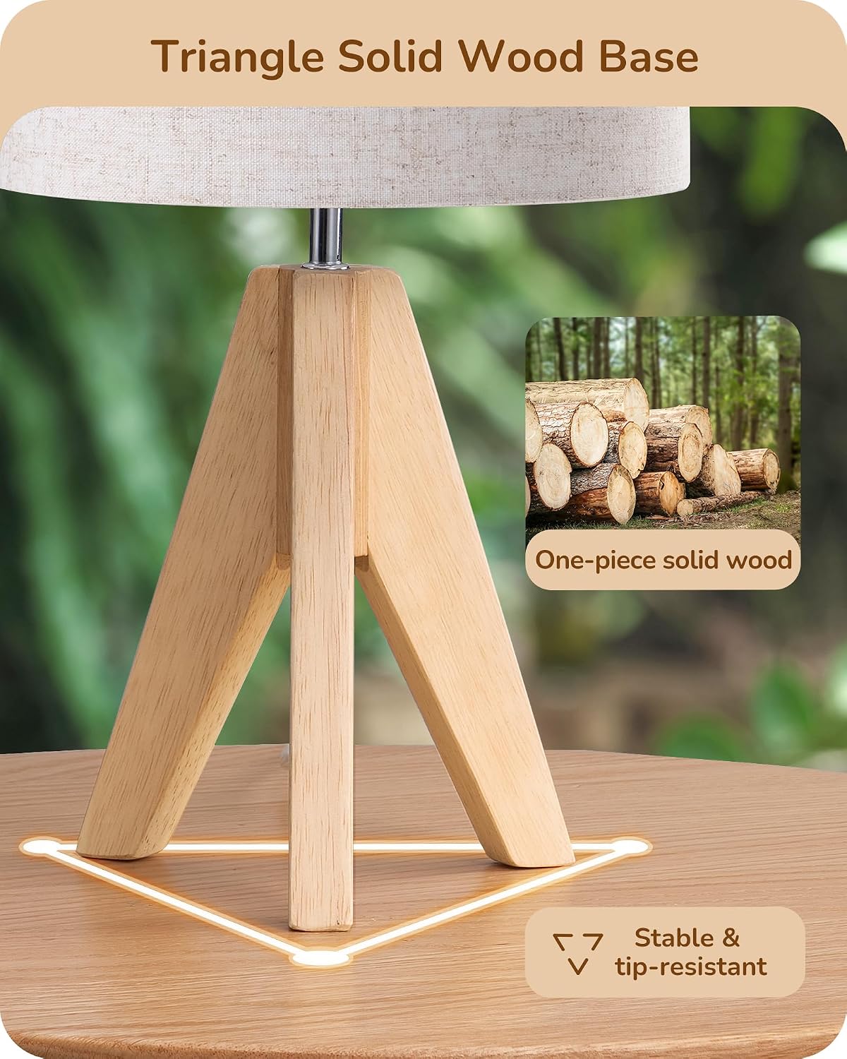 EDISHINE Small Table Lamp, Boho Bedside Lamp with Linen Fabric Shade, Wood Tripod Nightstand Lamp for Nursery, Living Room, Bedroom…