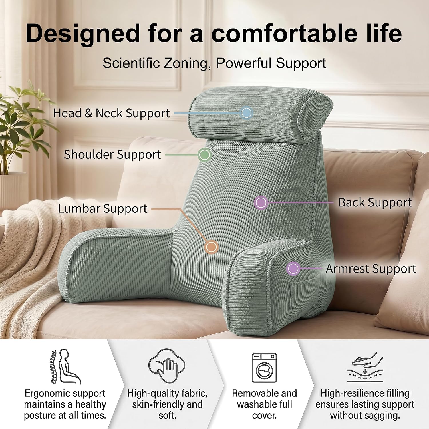 Ailuteie Corduroy Reading Pillow for Sitting Up, Bed Rest Pillow with Arms, Detachable Headrest, Side Pockets & Washable Cover, Back Suppor…