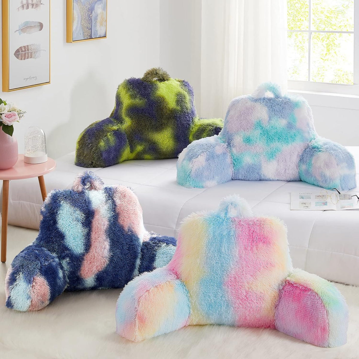 Bedriping Reading Pillow for Bed - Faux Fur Backrest Pillow with Arms, Reading & Bed Rest Pillows Rainbow Colors, Fluffy Sit Up Pillow, Stu…