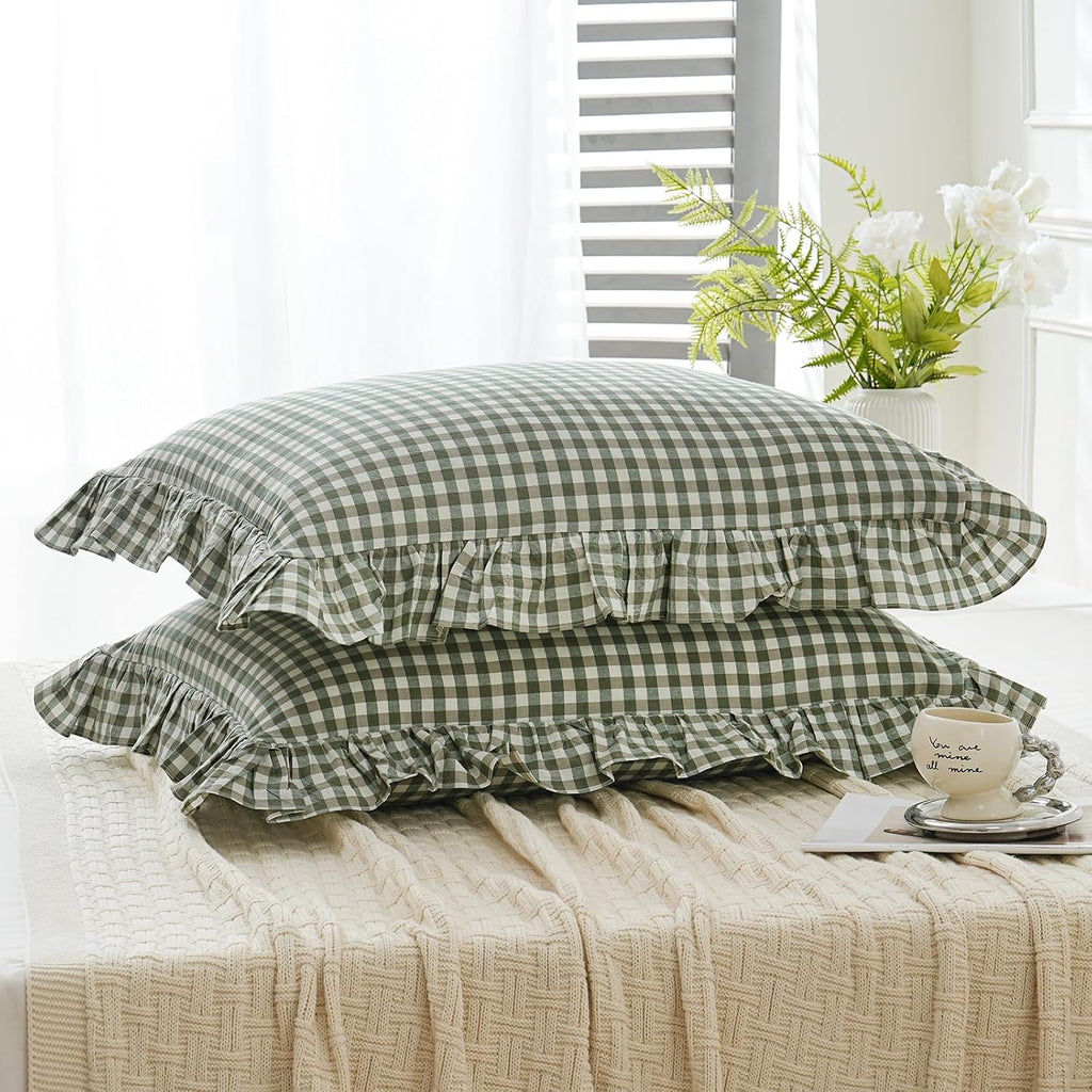 Qilunn 2 Pack Sage Green White Plaid Ruffle Pillow Shams Standard Size 20x26 inches, 100% Cotton Gingham Checkered Farmhouse Pillowcases fo…