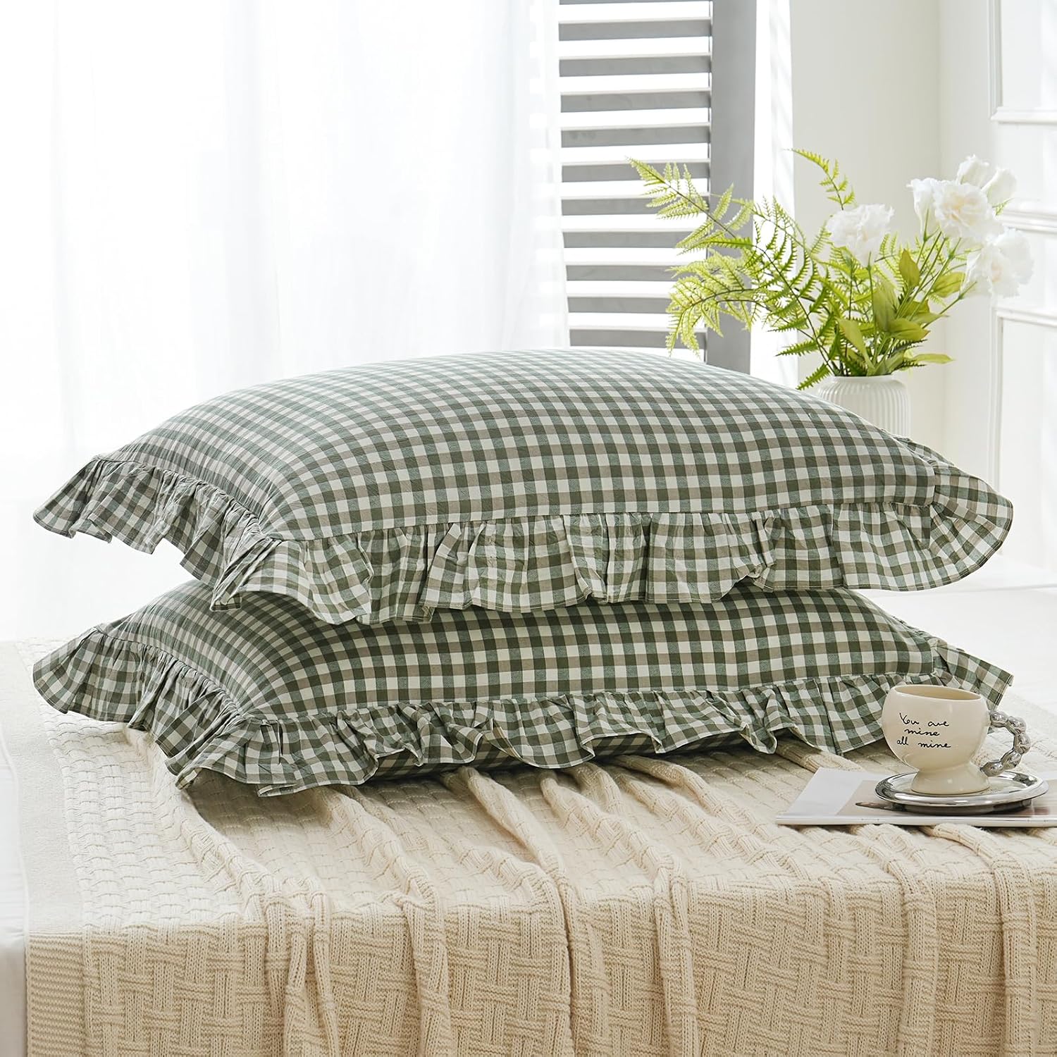 Qilunn 2 Pack Sage Green White Plaid Ruffle Pillow Shams Standard Size 20x26 inches, 100% Cotton Gingham Checkered Farmhouse Pillowcases fo…