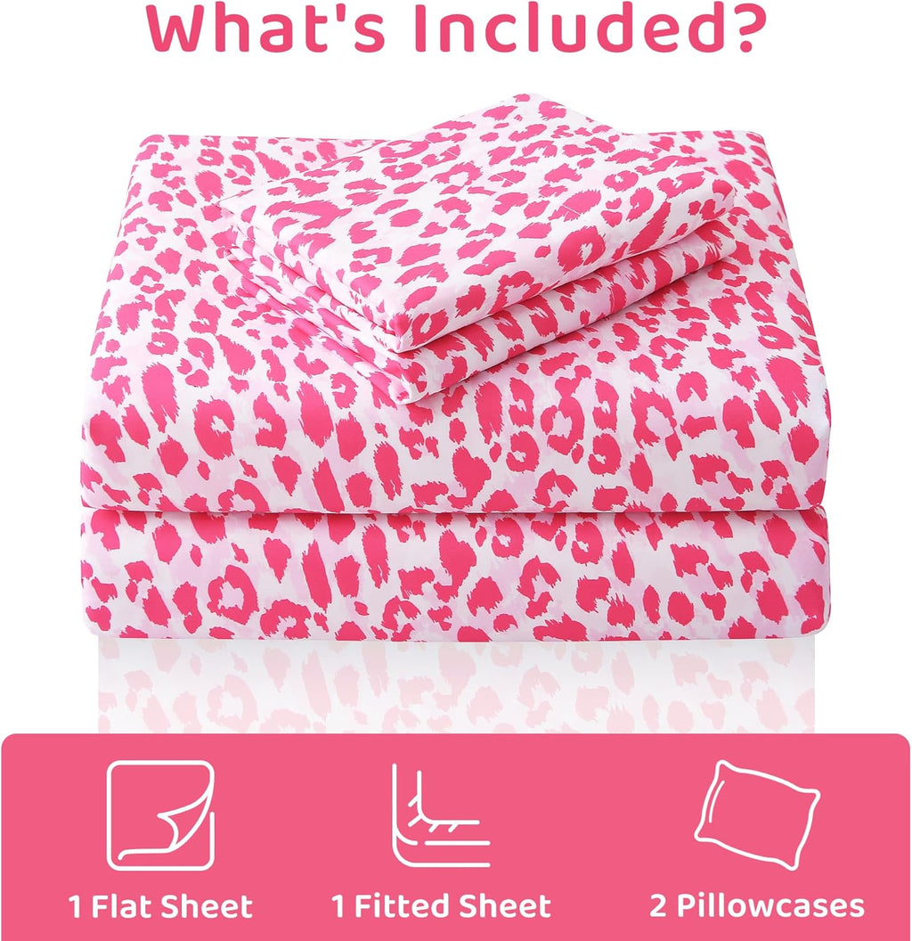 mooreeke Leopard Cheetah Printed Full Bed Sheets, Soft Microfiber Bedding Sheets & Pillowcases, Deep Pocket Non-Slip Fitted Full Sheet, Pin…