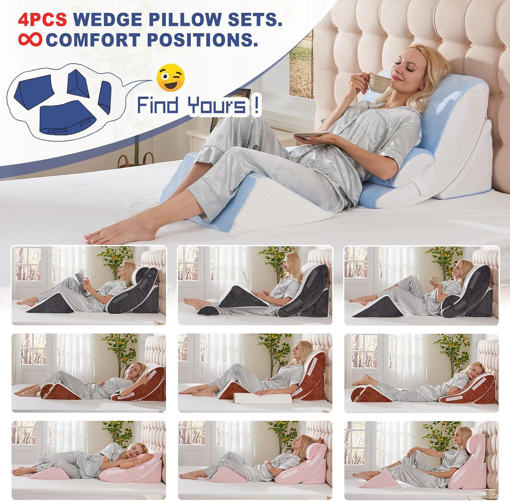 WSOFRLAC 4PCS Bed Wedge Pillow for Sleeping and Sitting Up, Orthopedic Memory Foam Pillow Set for Back Pain, Post Surgery Recovery, Acid…
