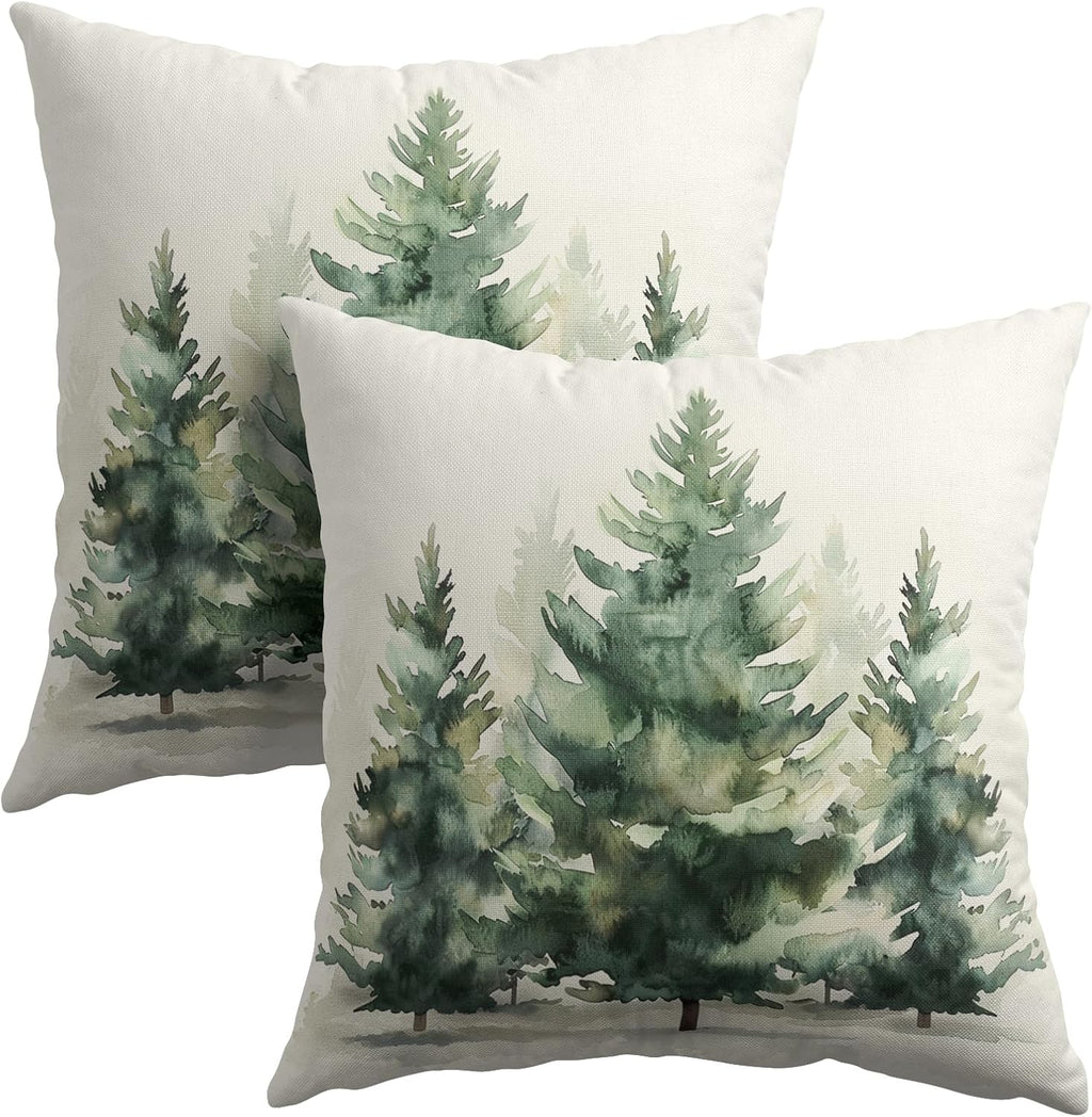 Granbey Watercolor Green Tree Throw Pillow Covers 20X20 Inch Set of 2 Green Christmas Tree Decorative Pillowcase Winter Nature Trees Holida…