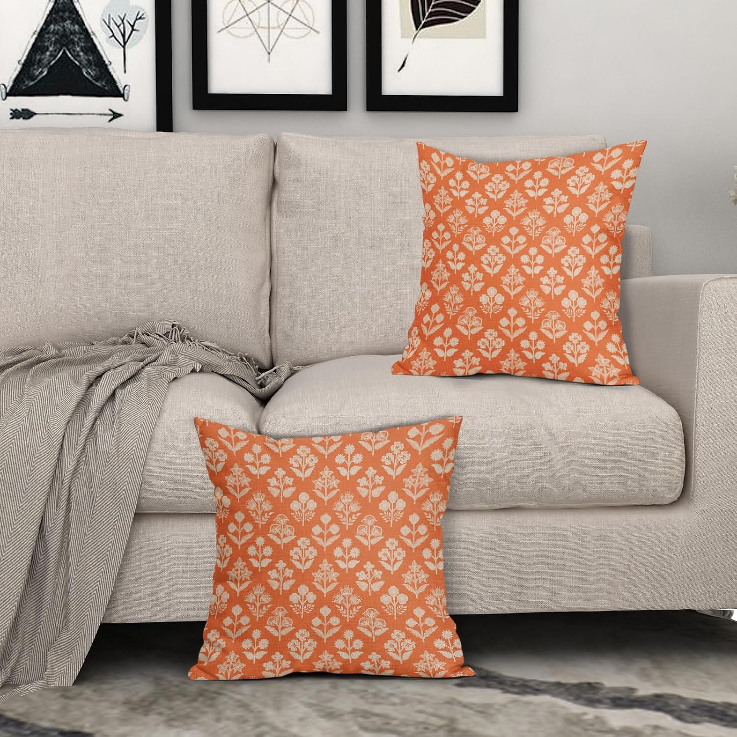 Orange Floral Block Print Pillow Covers 20x20 Inch Set of 2, Vintage Flower Pattern Decorative Throw Pillowcases Outdoor Farmhouse…
