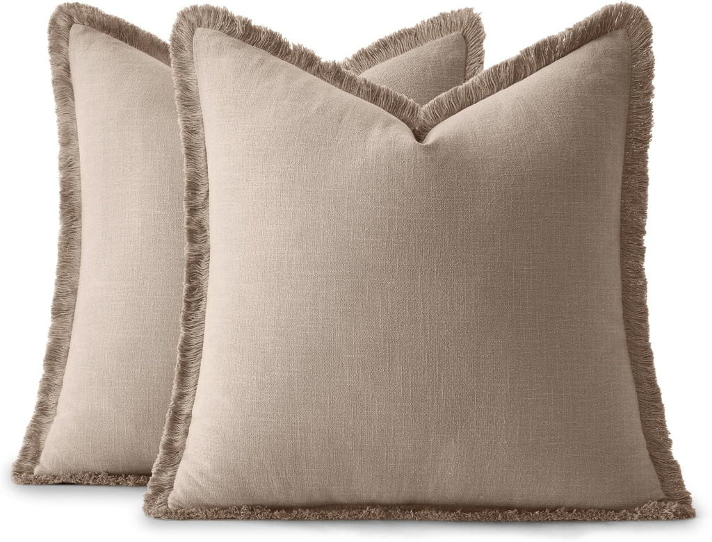 Anroduo Set of 2 Decorative Throw Pillow Covers 18×18 Inch Soft Linen Fringe Farmhouse Boho Vintage Cushion Covers with Tassels Accent Pill…