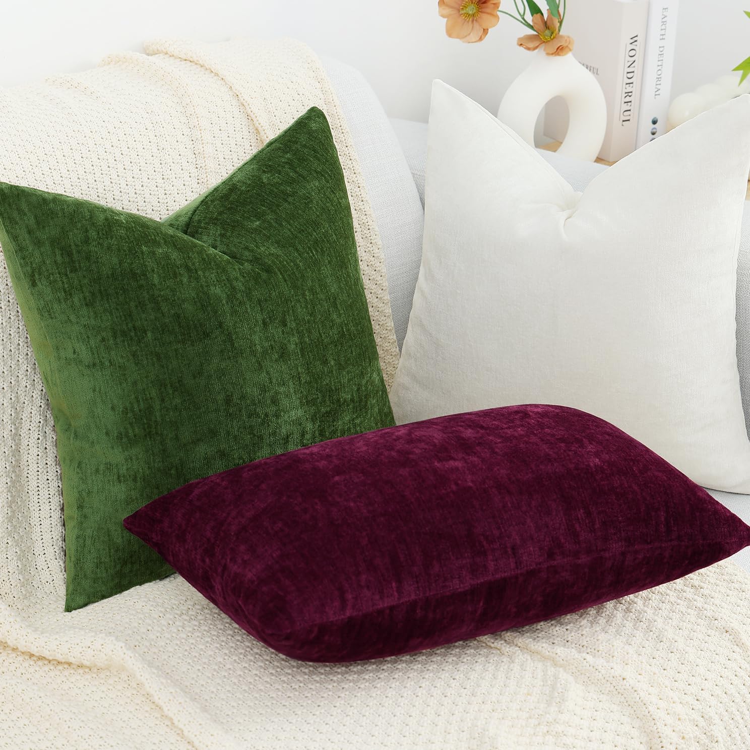 decorUhome Chenille Burgundy Throw Pillow Covers 22x22 Inch Set of 2, Decorative Soft Couch Pillow Covers Solid Dyed Accent Farmhouse Neutr…