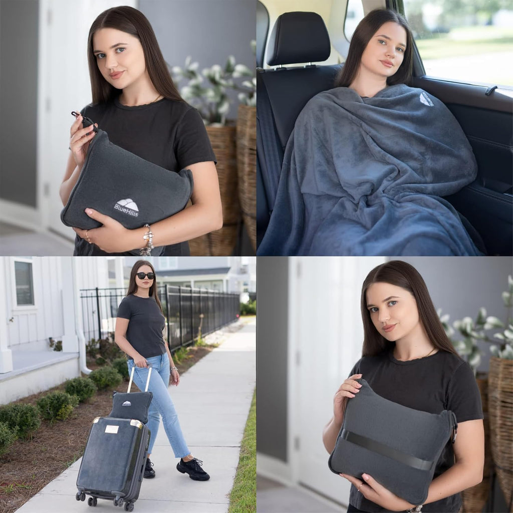 BlueHills Premium Soft Long Travel Blanket Pillow for Tall Airplane Flight Blanket Throw in Soft Bag case with Hand Luggage Belt &…