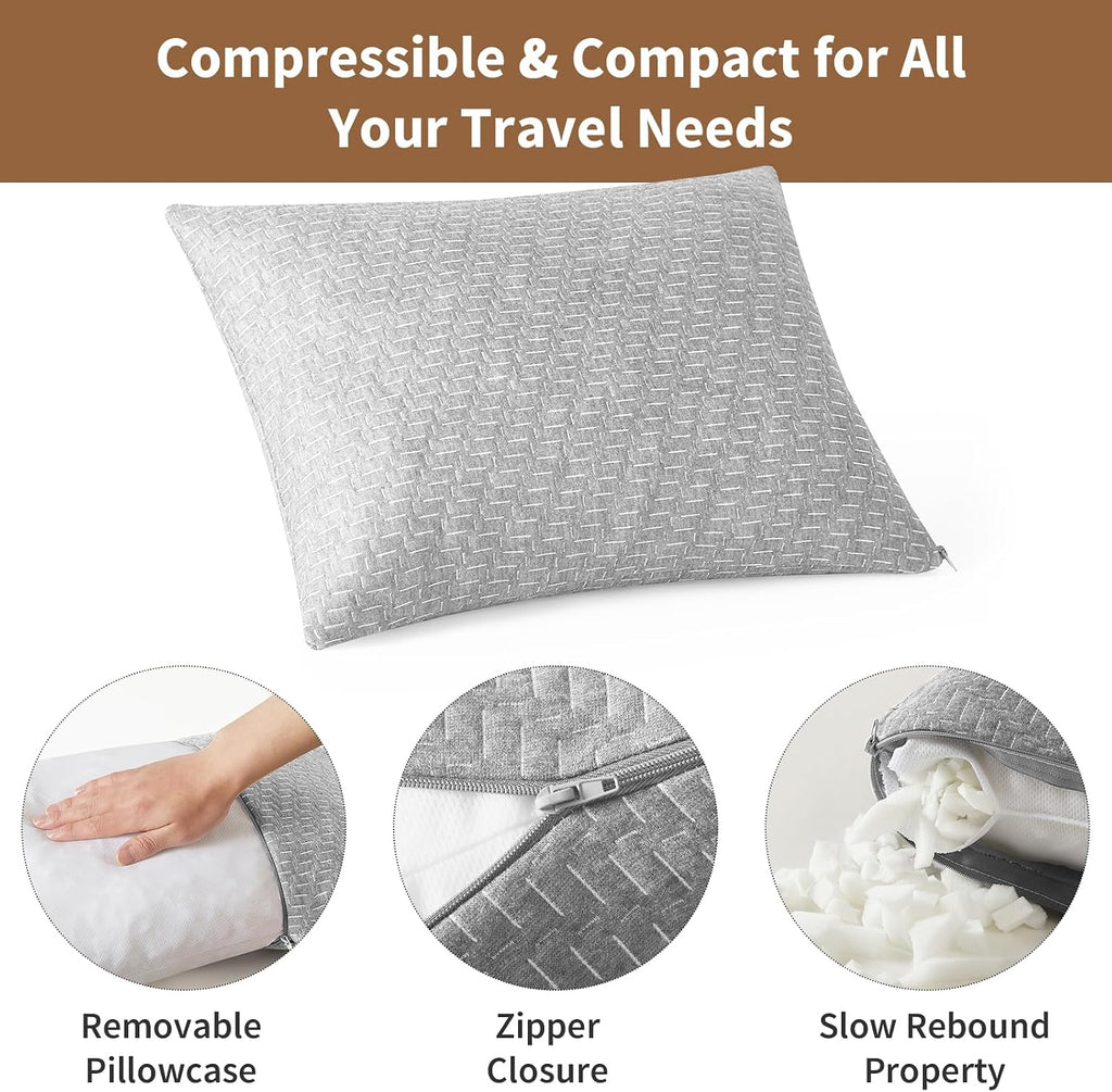 Travel Pillow Breathable Cover, Compressible Memory Foam Pillow Medium Firm for Travel Airplane Car Hiking Camping Outdoor