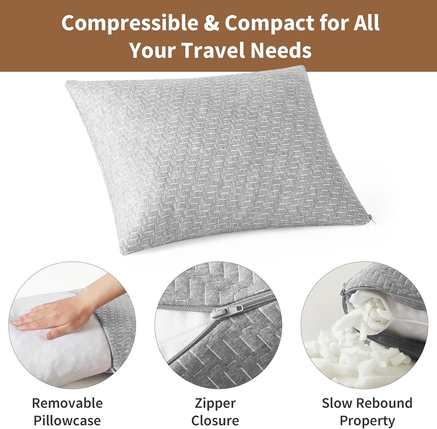 Travel Pillow Breathable Cover, Compressible Memory Foam Pillow Medium Firm for Travel Airplane Car Hiking Camping Outdoor