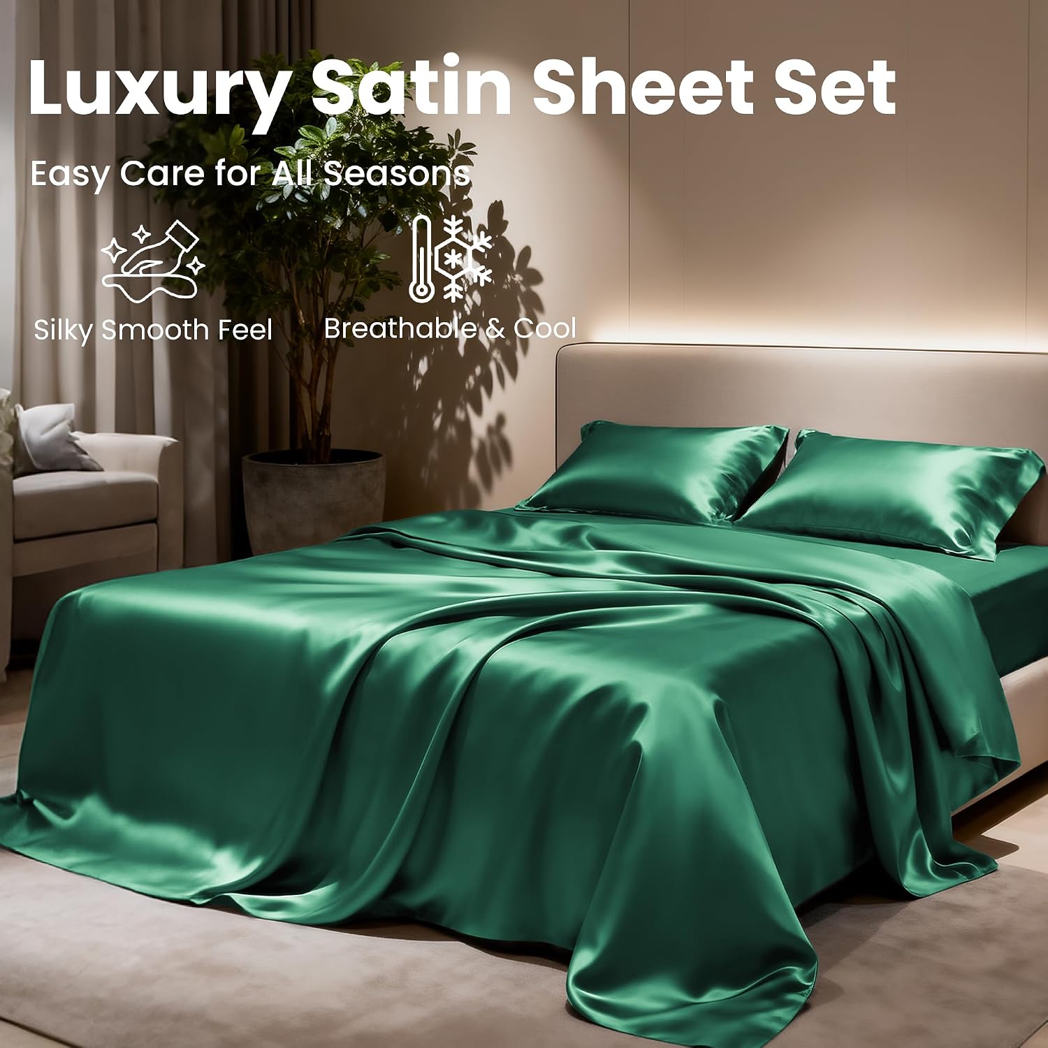 Lovescabin Love's cabin 4Piece California King Satin Bed Linen Set, Dark Green Silky Satin Sheets, Deep Pocket, Luxury Silk Feel, 1 Flat, 1…