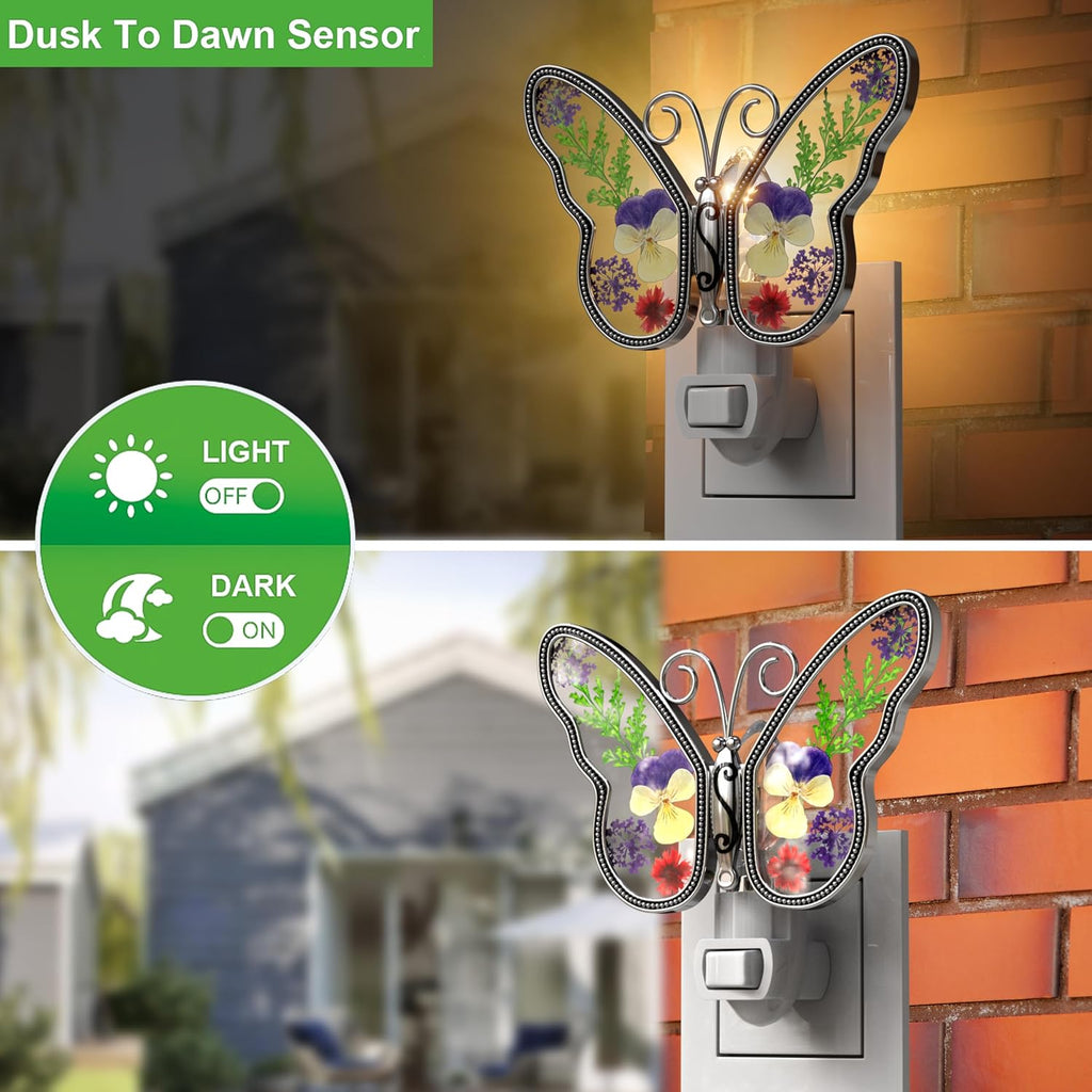 KY&BOSAM Butterfly Night Lights Plug into Wall 1-Pack 7W Plug in Night Light Dusk to Dawn 3000K Warm White Bright Real Flower+Metal…