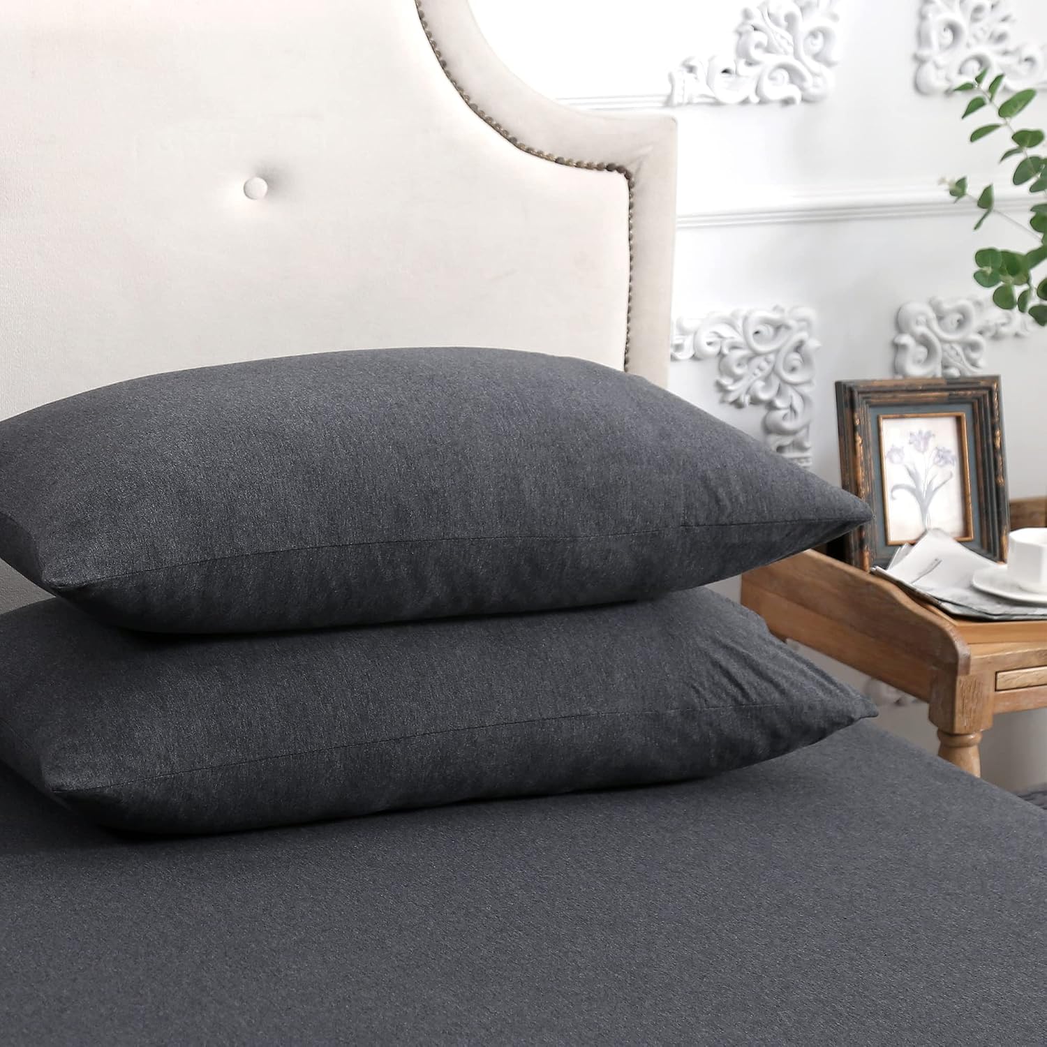 PURE ERA Jersey Knit Pillowcases 100% T-Shirt Cotton Super Soft Comfy Breathable, Set of 2, King 20" x 36", Heathered Charcoal Grey
