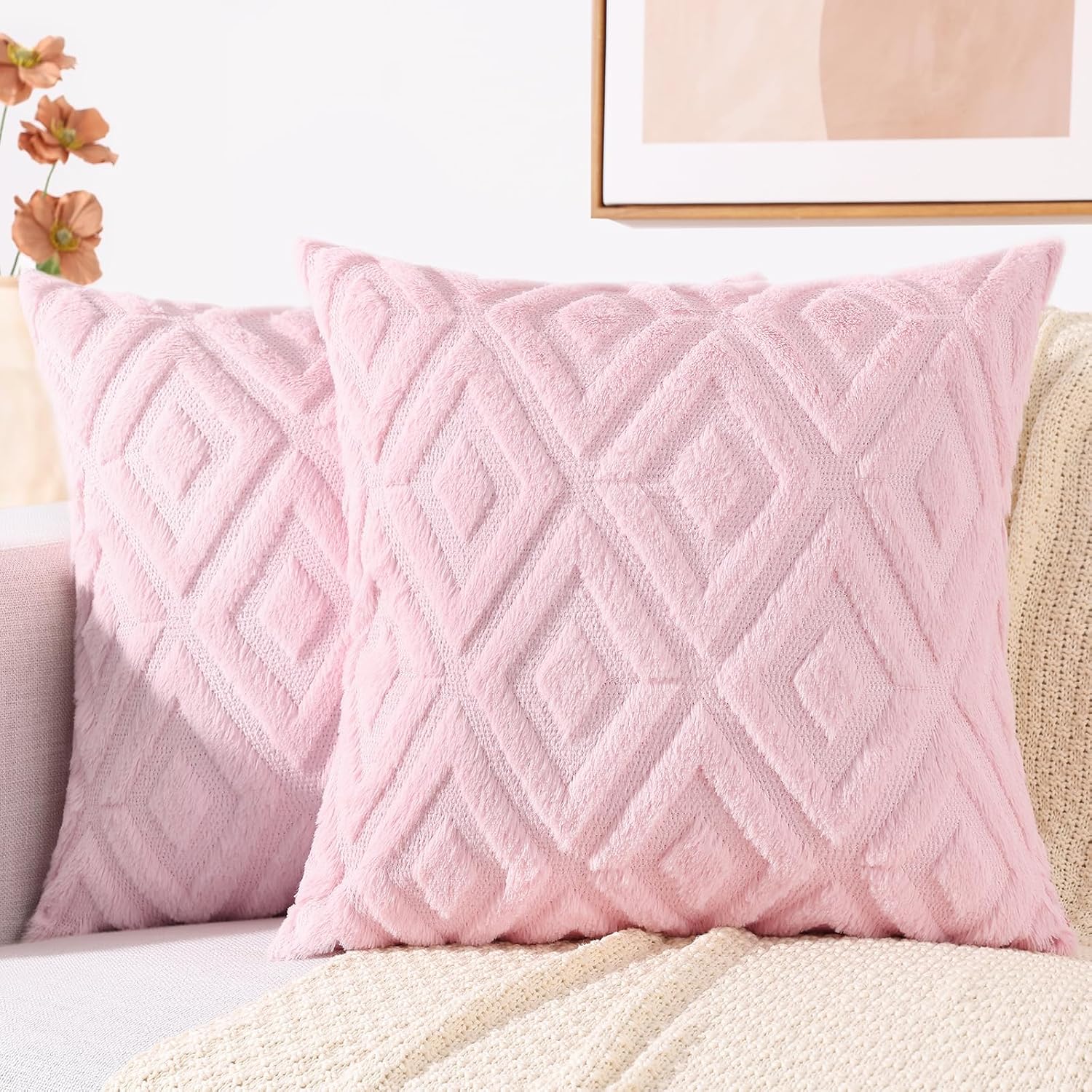 decorUhome Summer Couch Throw Pillow Covers 16x16 Set of 2, Decorative Soft Plush Faux Fur Wool Accent Pillow Covers for Modern Farmhouse B…