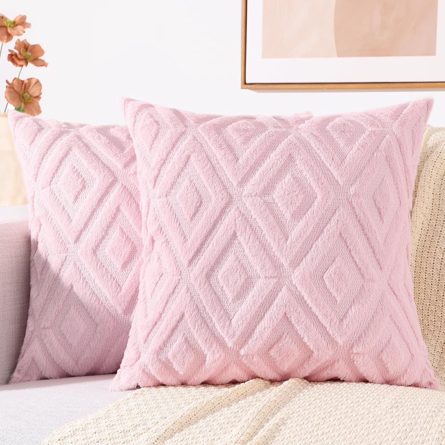 decorUhome Summer Couch Euro Sham Throw Pillow Covers 22x22 Set of 2, Decorative Soft Plush Faux Fur Wool Accent Pillow Covers for Modern F…