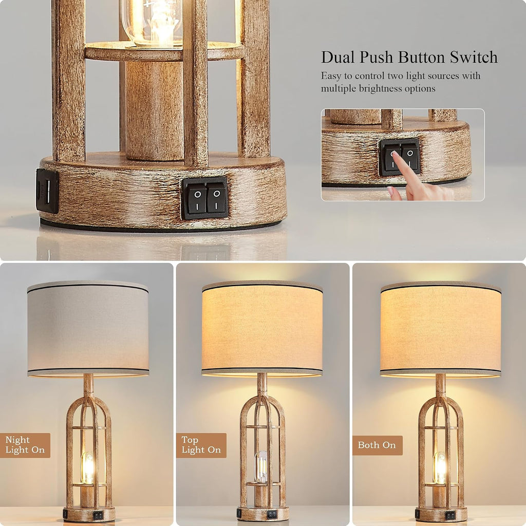 SRJJA Farmhouse Table Lamps for Living Room End Table Set of 2 - Rustic Bedside Lamps for Bedroom Nightstand with Night Light & USB A+C…