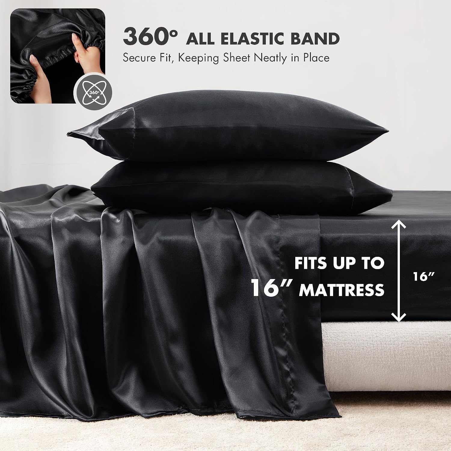 Madisonpark Madison Park Satin Sheets Split King Size, Luxurious Silky Bed Sheets, Elastic 14" Pocket fits up to 16" Mattress, Wrinkle-Free…