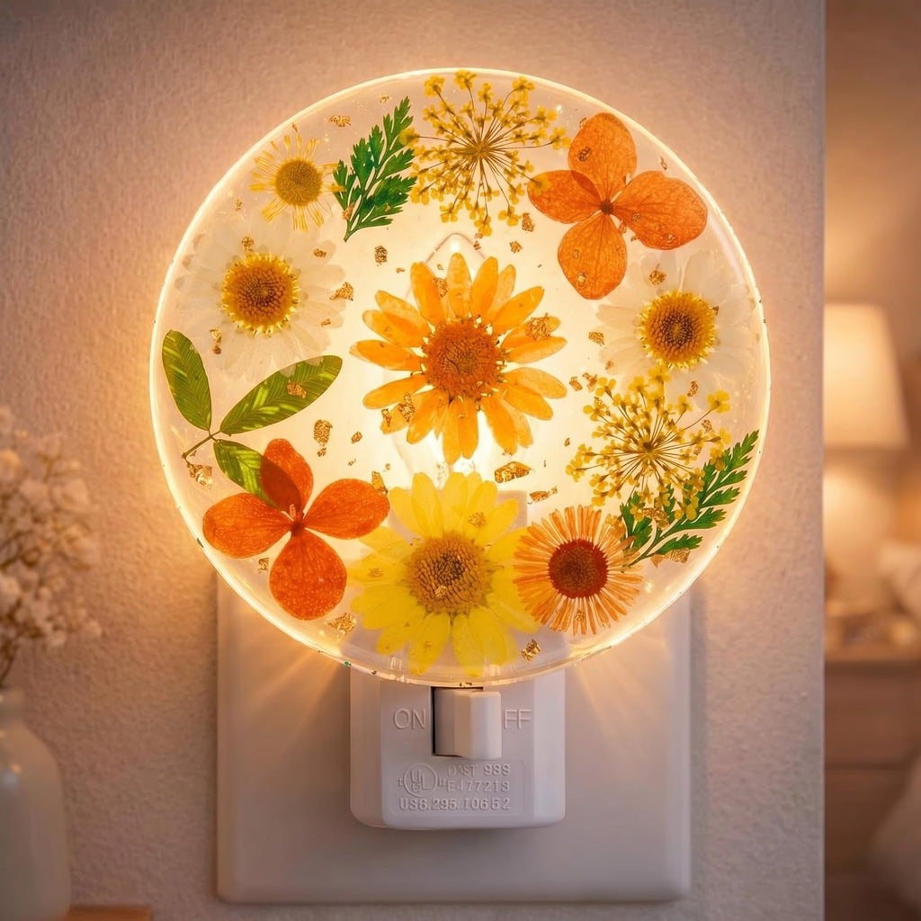 Glooglitter Pressed Flower Night Light Plug in - Handmade Dried Floral Wall Night Light, Soft Glow Decorative Nightlight for Hallway Bedroo…