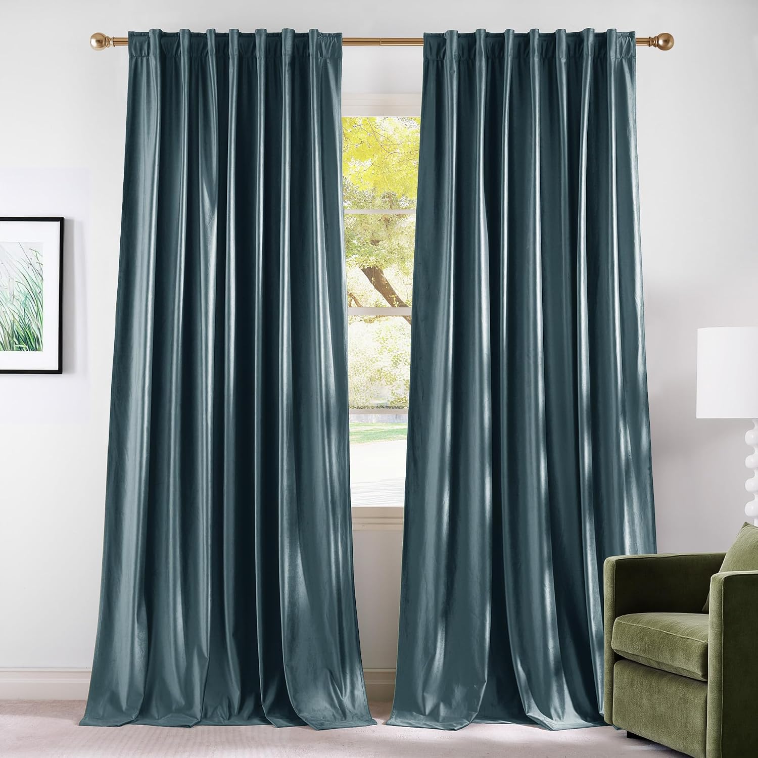 Nicetown Velvet Stone Blue Blackout Curtains 96 inches Long, Rod Pocket & Back Tab Thermal Drapes Luxury Room Darkening Window Treatments f…