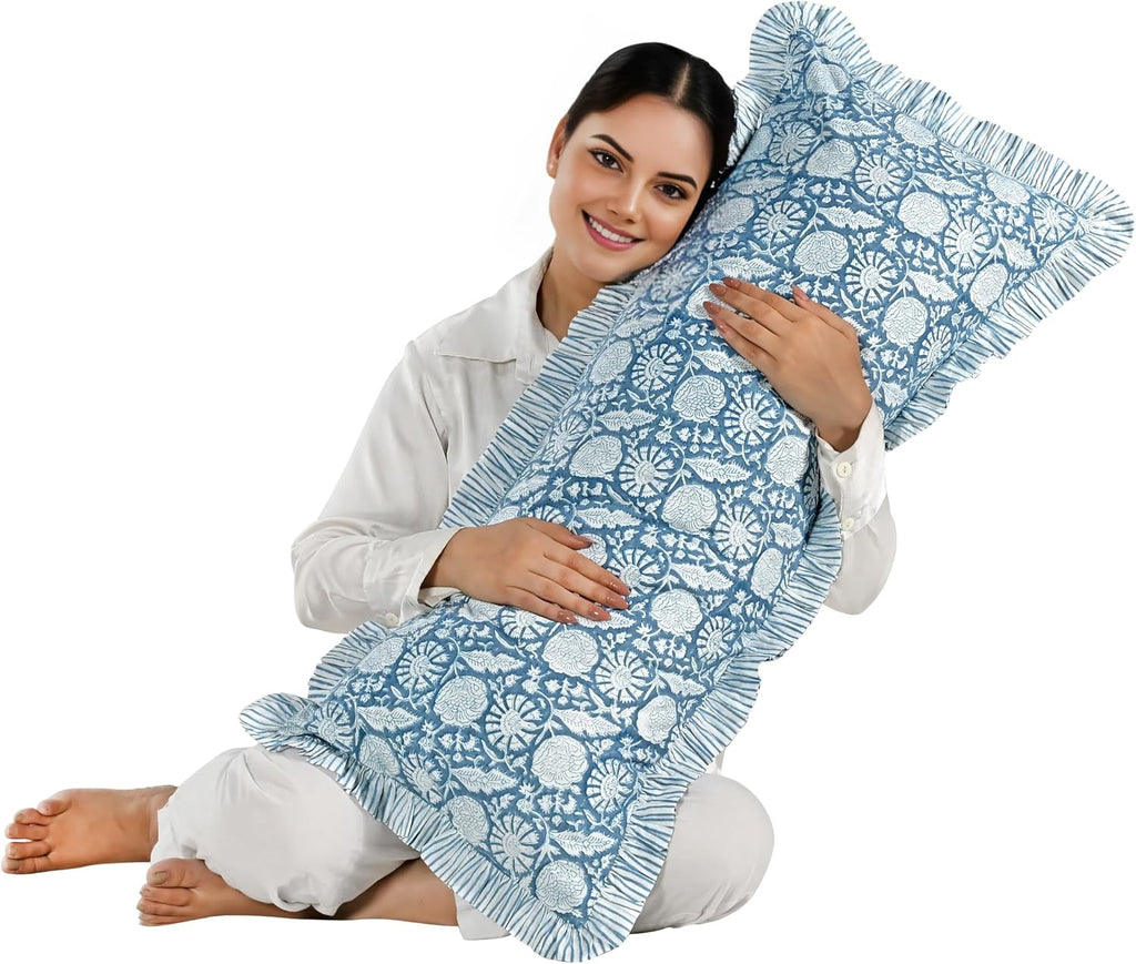 Cottonprintclub CPC Hand Block Print Blue Meadow Ruffle Sham Pillow Cover 36" x 14" inch Hidden Zipper Decorative Pillowcase for Couch, Bed…