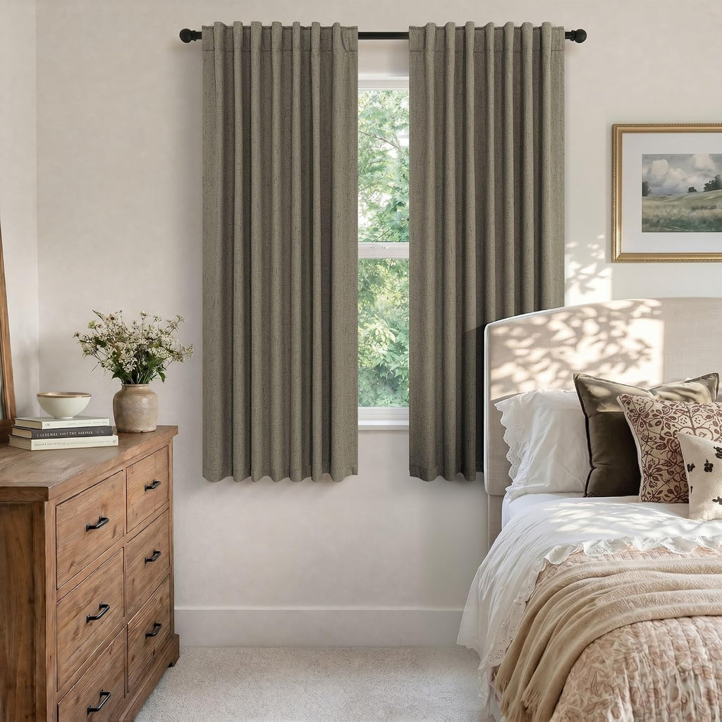 Pitalk Living Room Darkening Curtains 63 Inches Long Small Bay Window Blackout Soundproof Dining Room Curtains Rustic Farmhouse Linen Dark…