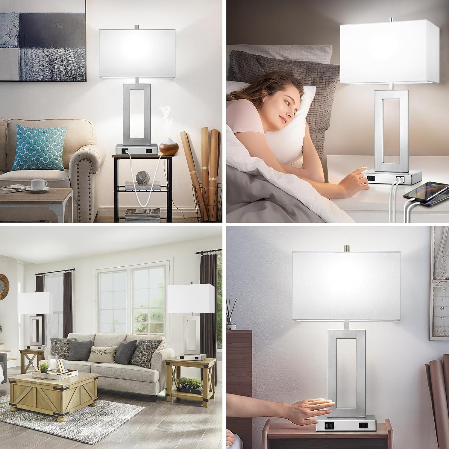 Tobusa Modern Silver Table Lamps Set of 2, 28inch Tall Lamps for Living Room Bedroom with 2 USB Ports&AC Outlet, 3 Way Dimmable Touch Contr…