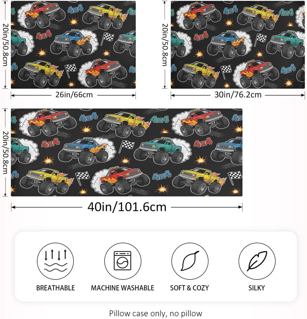 Monster Truck Black Print Pillow Covers Silk Pillowcase for Hair and Skin Soft Breathable Smooth Cooling Satin Pillowcase Standard Size…