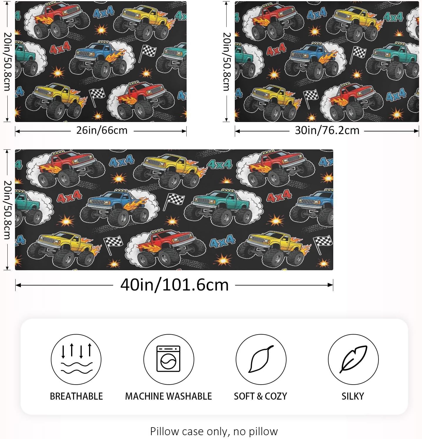 Monster Truck Black Print Pillow Covers Silk Pillowcase for Hair and Skin Soft Breathable Smooth Cooling Satin Pillowcase Standard Size…