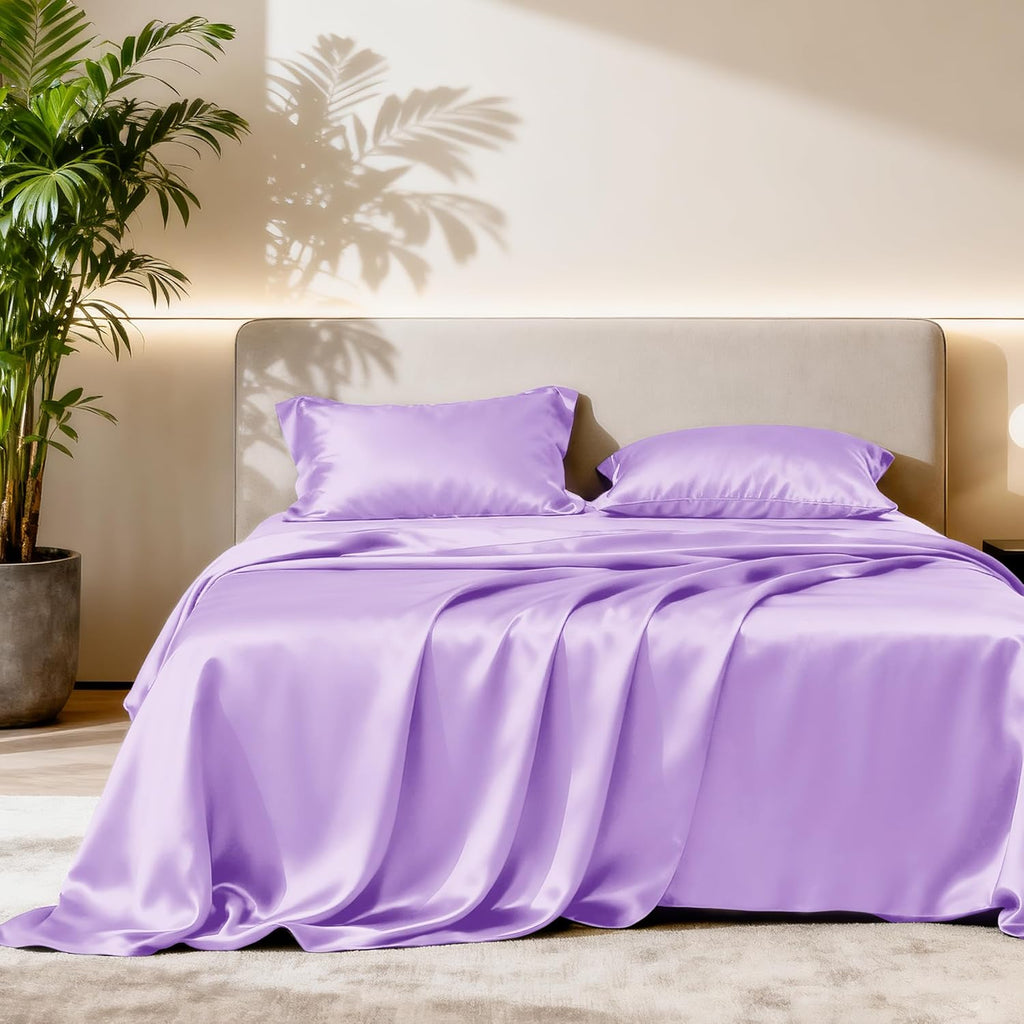 Lovescabin Love's cabin 4Piece California King Satin Bed Linen Set, Lavender Silky Satin Sheets, Deep Pocket, Luxury Silk Feel, 1 Flat, 1 F…