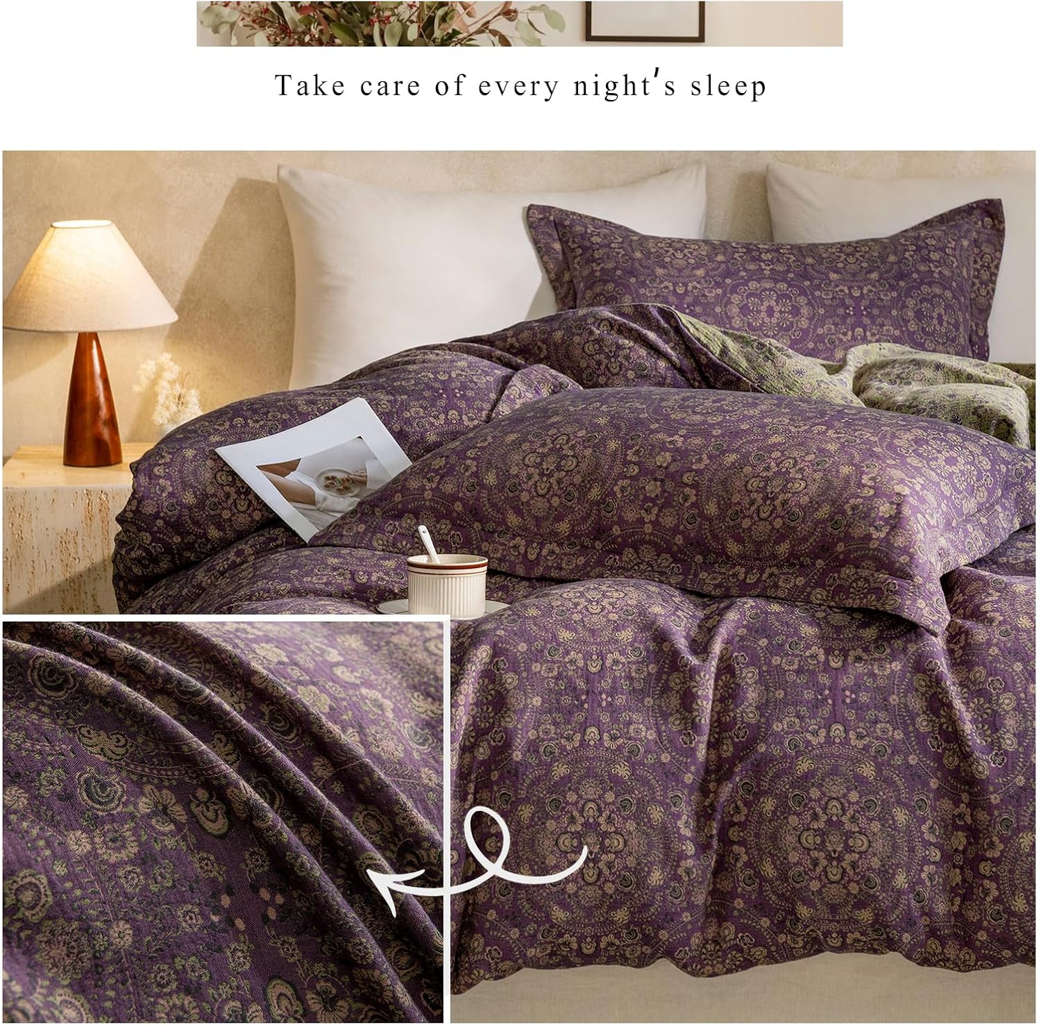 mixinni Purple Green Floral Duvet Cover King Size, Elegant Double-Layer Yarn Cotton Vintage Duvet Cover Set, Exquisite Jacquard Design Bedd…
